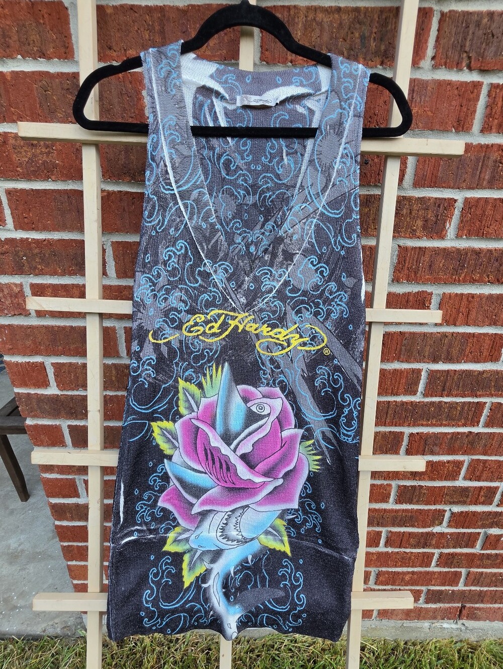 Ed Hardy Roses & Sharks Knit Sleeveless Dress Medium